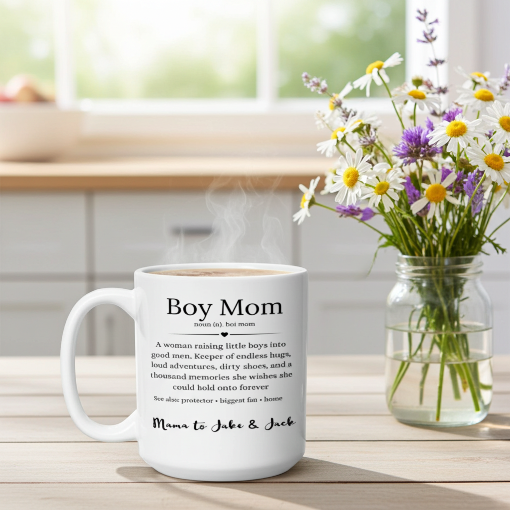 Personalized Boy Mom Definition 15oz White Mug with custom children's names