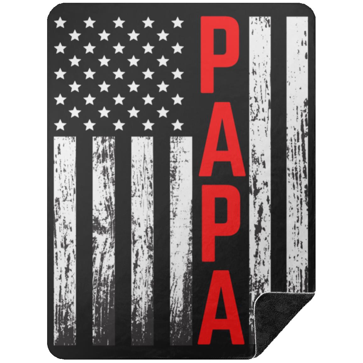 PREMIUM MINK BLACK SHERPA PAPA FLAG BLANKET WITH STARS & STRIPES