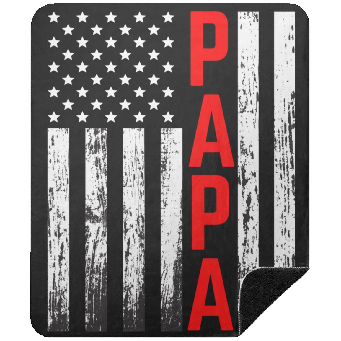 PREMIUM MINK BLACK SHERPA PAPA FLAG BLANKET WITH STARS & STRIPES