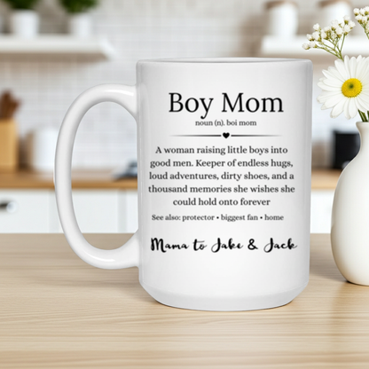 Personalized Boy Mom Definition 15oz White Mug with custom children's names