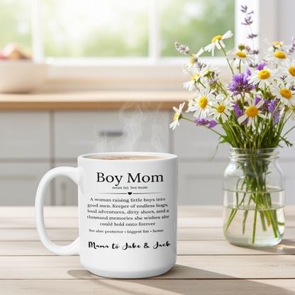 Personalized Boy Mom Definition 15oz White Mug with custom children's names