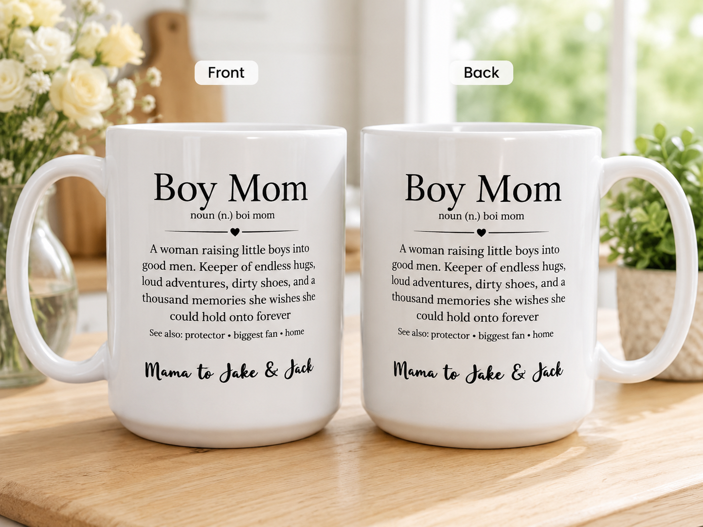 Personalized Boy Mom Definition 15oz White Mug with custom children's names