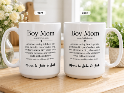 Personalized Boy Mom Definition 15oz White Mug with custom children's names