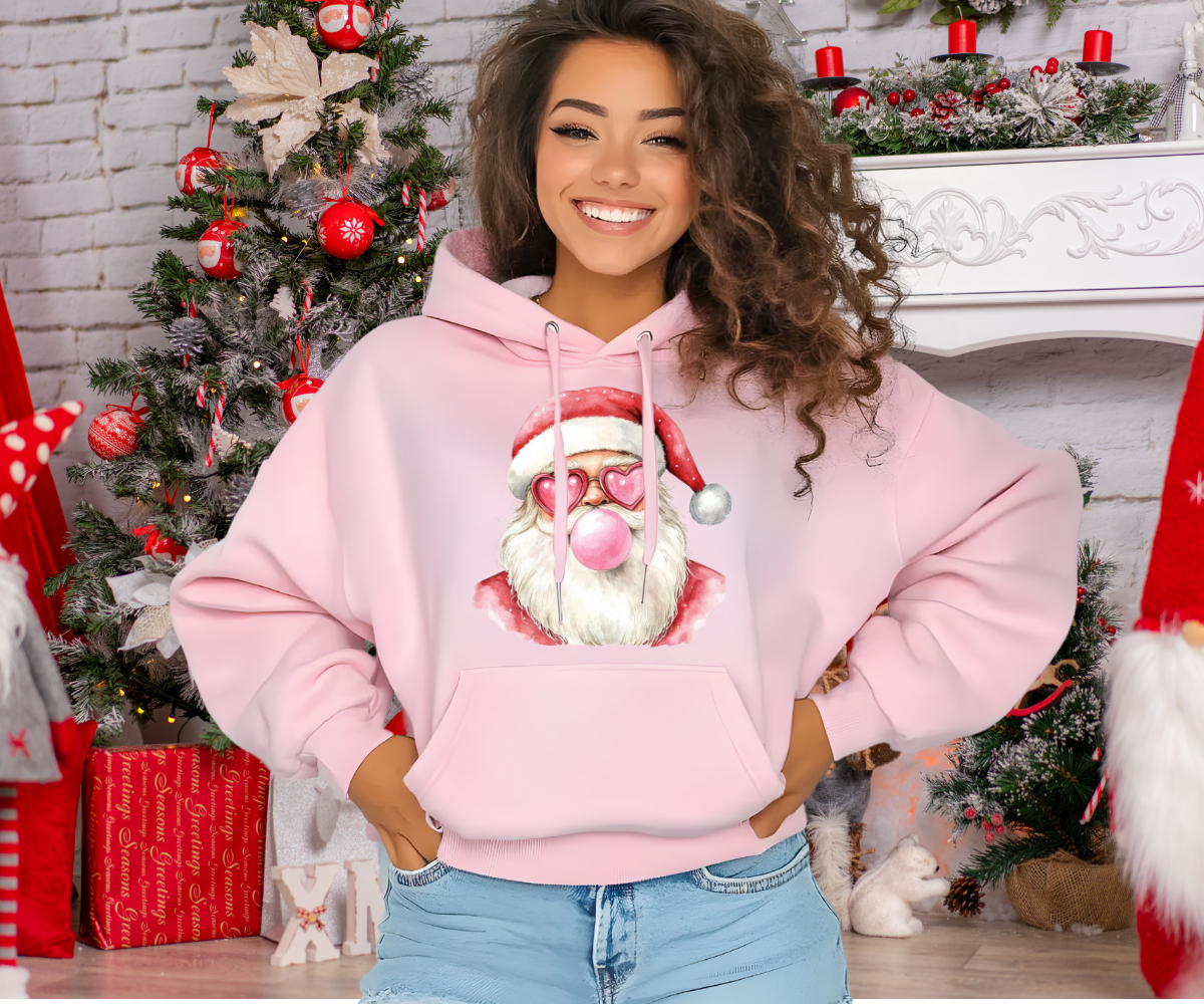 BUBBLEGUM DIVA SANTA BLOWING BUBBLE HEART GLASSES HOODIE SWEATSHIRT