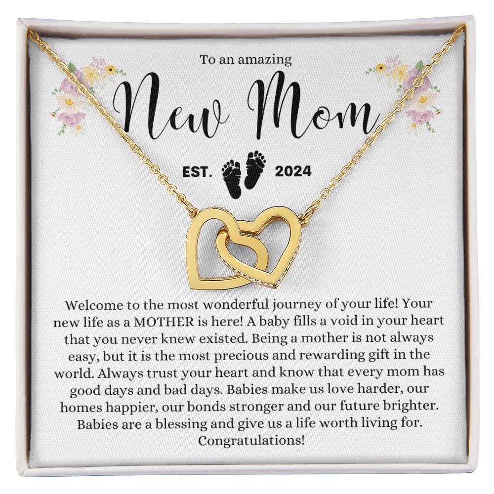 TO AN AMAZING NEW MOM MOTHER EST 2024 INTERLOCKING HEARTS NECKLACE