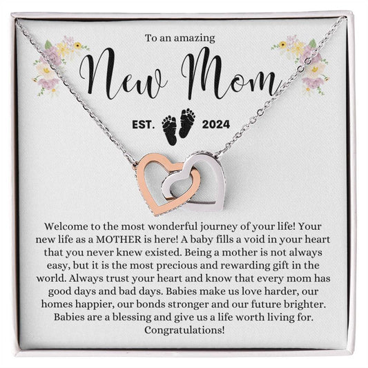 TO AN AMAZING NEW MOM MOTHER EST 2024 INTERLOCKING HEARTS NECKLACE