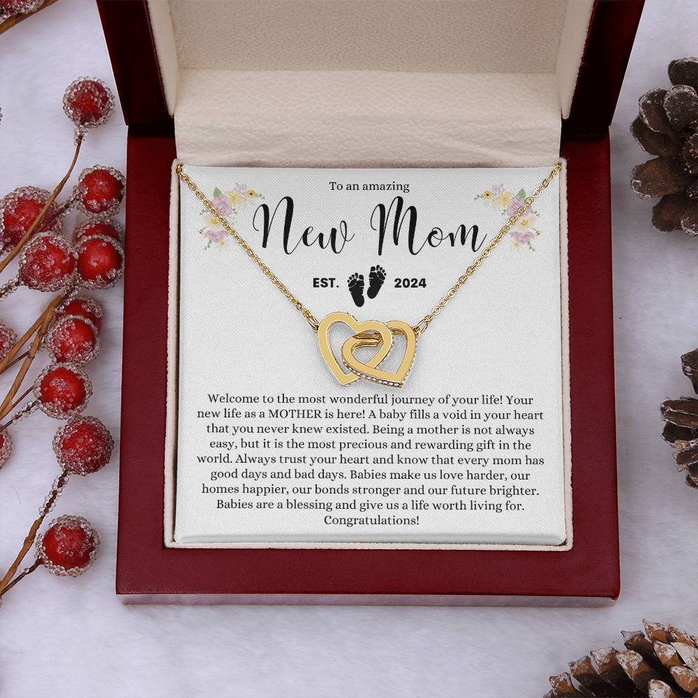 TO AN AMAZING NEW MOM MOTHER EST 2024 INTERLOCKING HEARTS NECKLACE