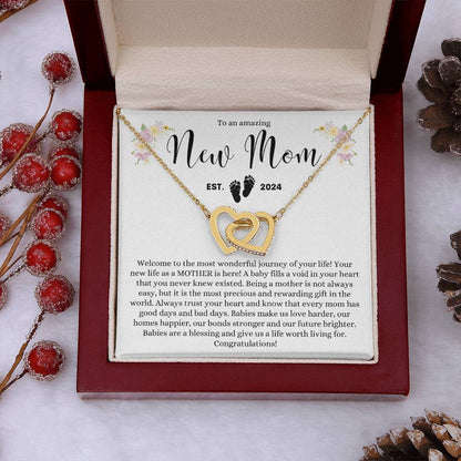 TO AN AMAZING NEW MOM MOTHER EST 2024 INTERLOCKING HEARTS NECKLACE