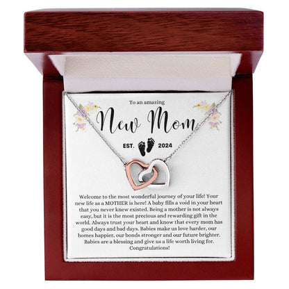 TO AN AMAZING NEW MOM MOTHER EST 2024 INTERLOCKING HEARTS NECKLACE