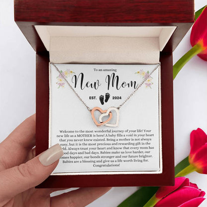 TO AN AMAZING NEW MOM MOTHER EST 2024 INTERLOCKING HEARTS NECKLACE