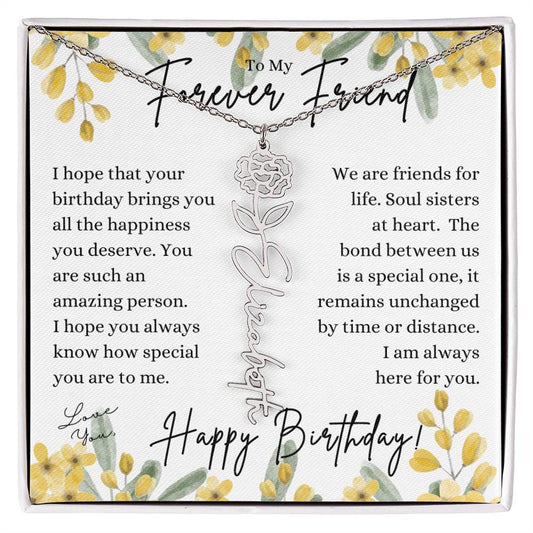 TO MY FOREVER FRIEND HAPPY BIRTHDAY PERSONALIZED FLOWER NAME NECKLACE