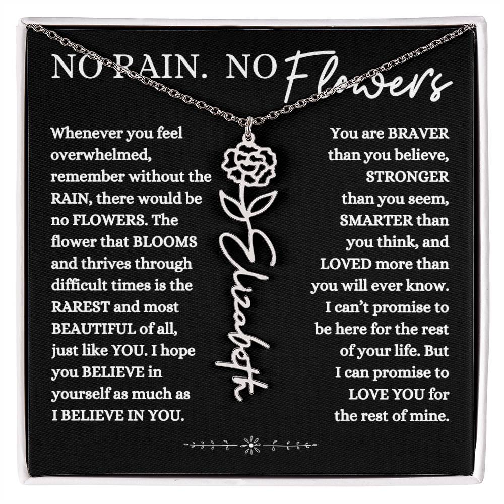 NO RAIN NO FLOWERS PERSONALIZED BIRTH FLOWER NAME NECKLACE