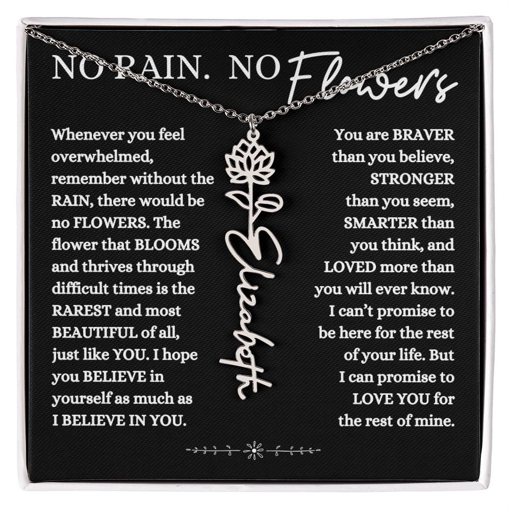 NO RAIN NO FLOWERS PERSONALIZED BIRTH FLOWER NAME NECKLACE