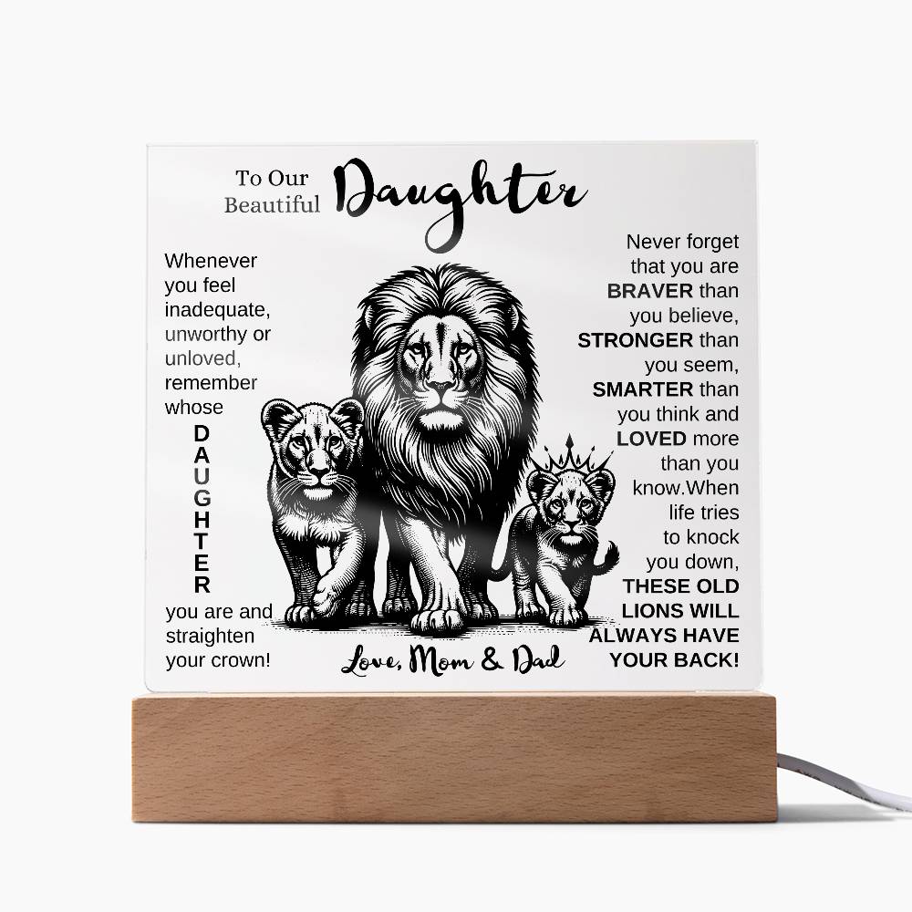 TO OUR DAUGHTER FROM MOM AND DAD LION LED KEEPSAKE NIGHT LIGHT UP LAMP ACRYLIC PLAQUE GIFT