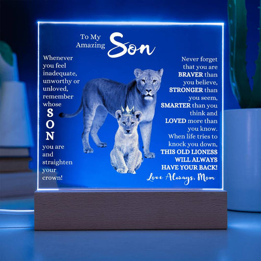 TO MY AMAZING SON KEEPSAKE LED NIGHT LIGHT UP LAMP ACRYLIC PLAQUE LIONESS