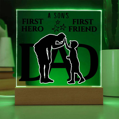 DAD KEEPSAKE LED NIGHT LIGHT UP LAMP ACRYLIC PLAQUE A SON'S FIRST HERO FIRST FRIEND