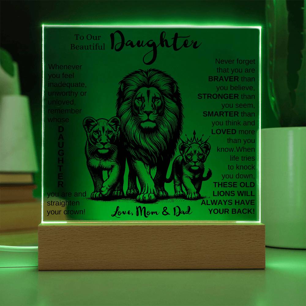 TO OUR DAUGHTER FROM MOM AND DAD LION LED KEEPSAKE NIGHT LIGHT UP LAMP ACRYLIC PLAQUE GIFT