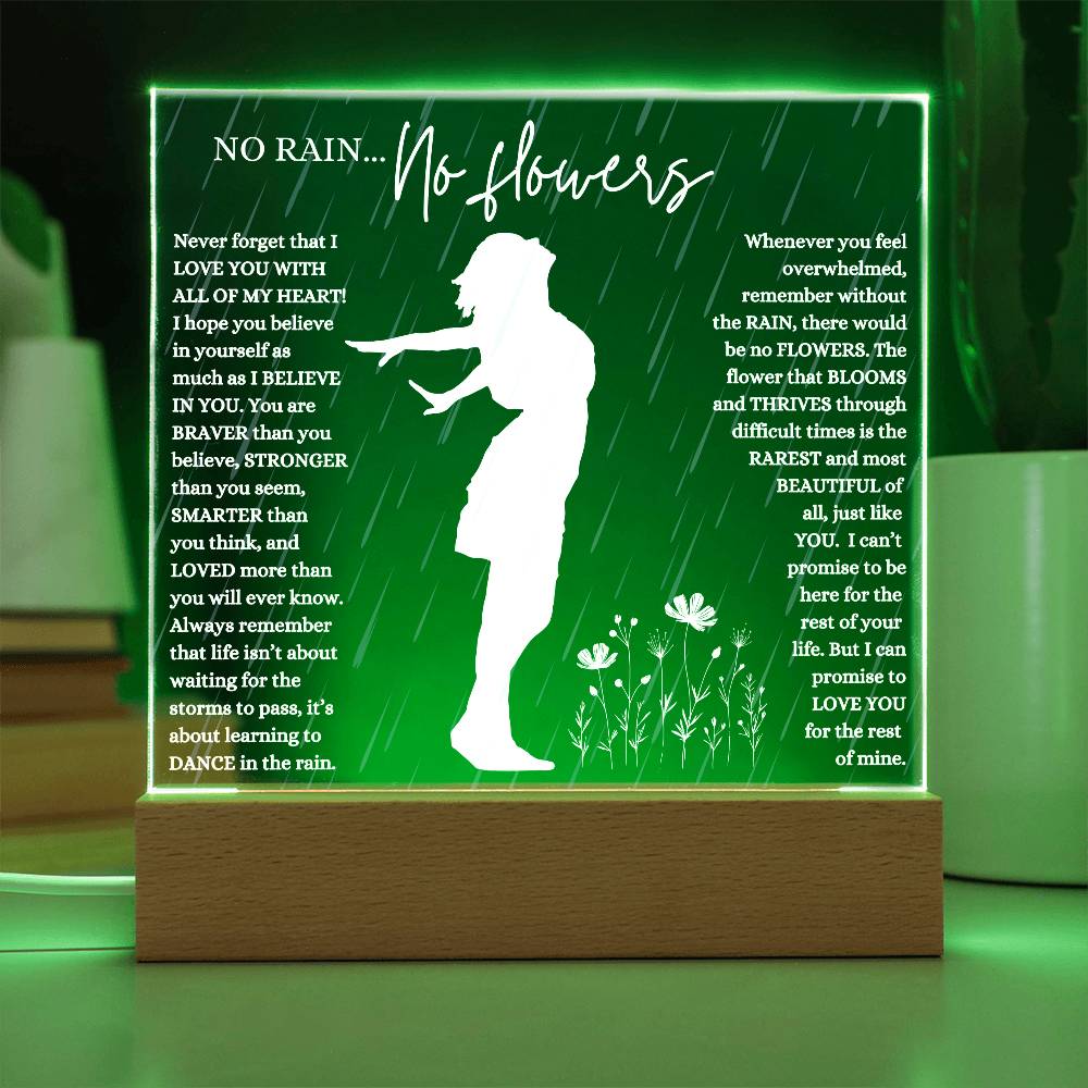 NO RAIN NO FLOWERS KEEPSAKE LED NIGHT  LIGHT UP LAMP ACRYLIC PLAQUE
