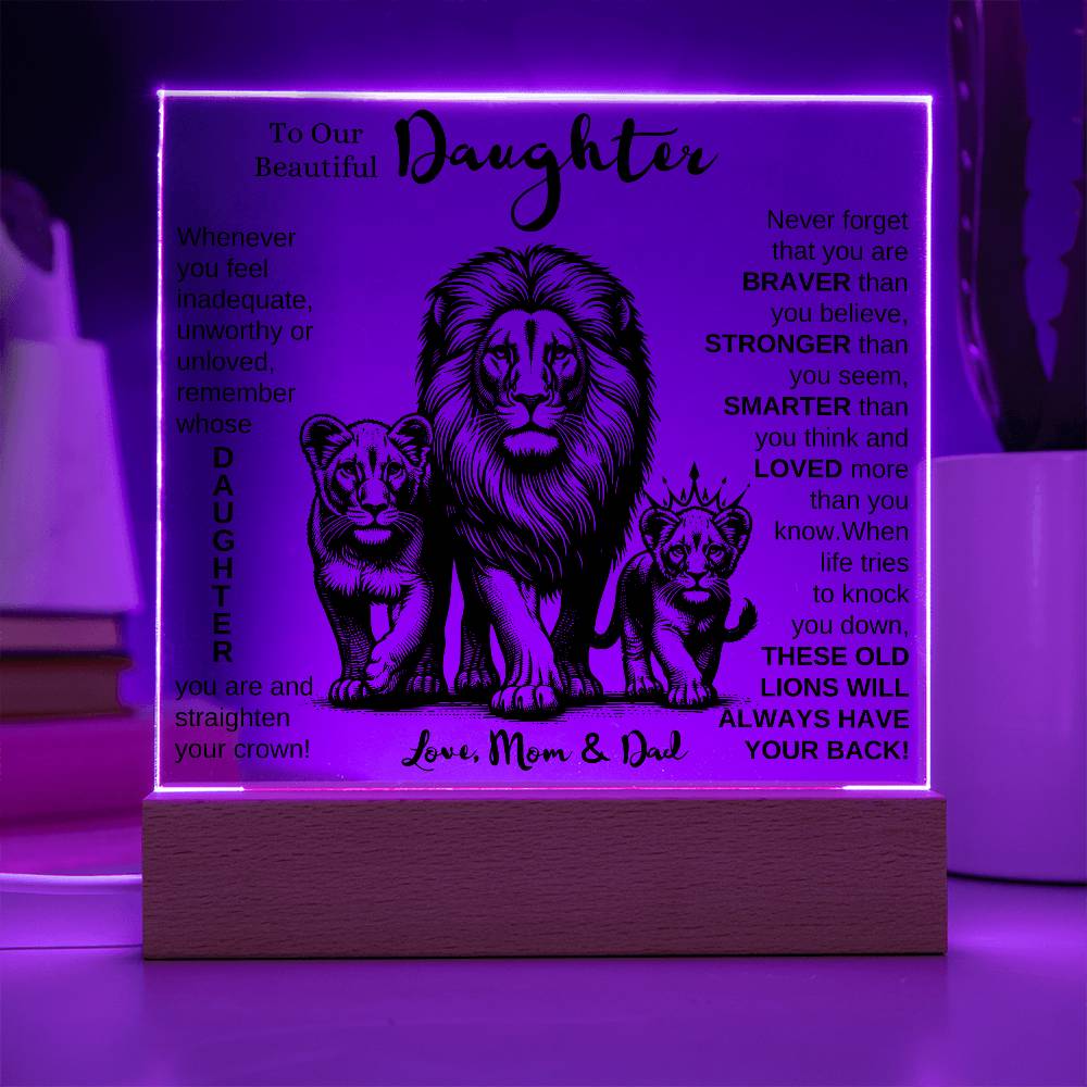TO OUR DAUGHTER FROM MOM AND DAD LION LED KEEPSAKE NIGHT LIGHT UP LAMP ACRYLIC PLAQUE GIFT