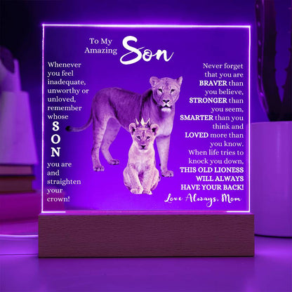 TO MY AMAZING SON KEEPSAKE LED NIGHT LIGHT UP LAMP ACRYLIC PLAQUE LIONESS