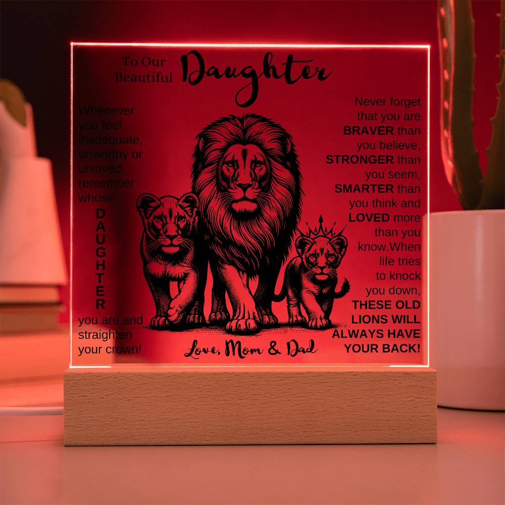 TO OUR DAUGHTER FROM MOM AND DAD LION LED KEEPSAKE NIGHT LIGHT UP LAMP ACRYLIC PLAQUE GIFT