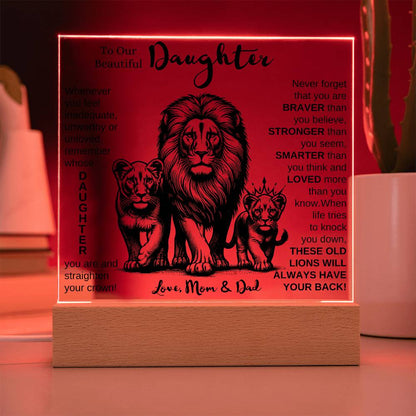 TO OUR DAUGHTER FROM MOM AND DAD LION LED KEEPSAKE NIGHT LIGHT UP LAMP ACRYLIC PLAQUE GIFT