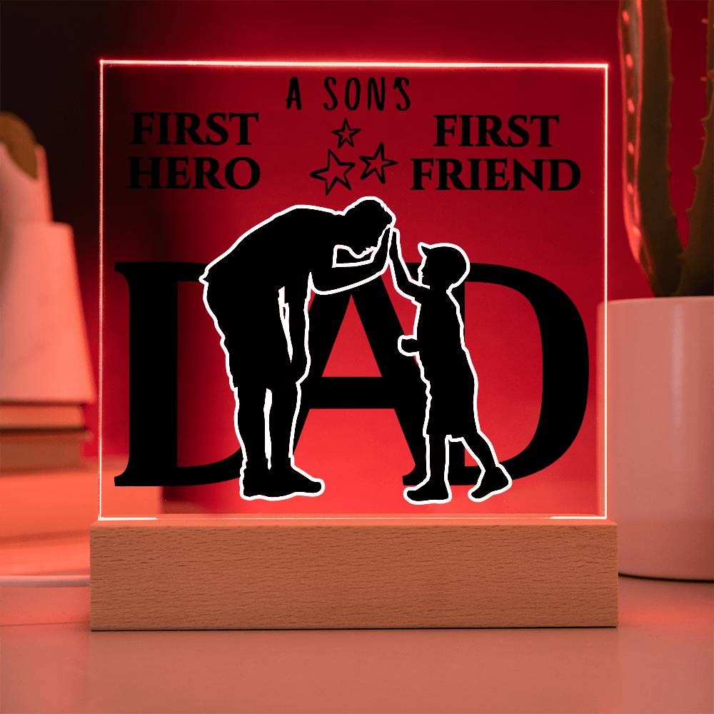 DAD KEEPSAKE LED NIGHT LIGHT UP LAMP ACRYLIC PLAQUE A SON'S FIRST HERO FIRST FRIEND