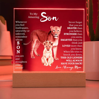 TO MY AMAZING SON KEEPSAKE LED NIGHT LIGHT UP LAMP ACRYLIC PLAQUE LIONESS