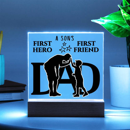 DAD KEEPSAKE LED NIGHT LIGHT UP LAMP ACRYLIC PLAQUE A SON'S FIRST HERO FIRST FRIEND