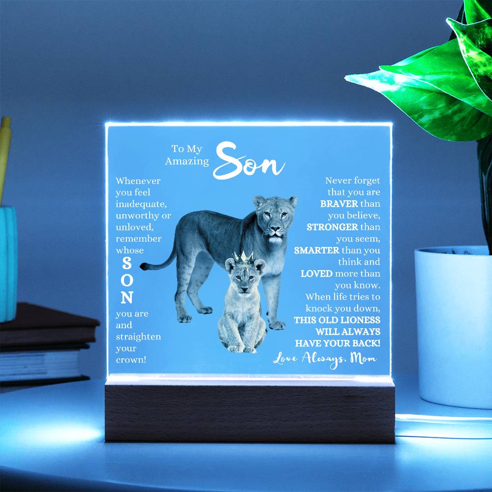 TO MY AMAZING SON KEEPSAKE LED NIGHT LIGHT UP LAMP ACRYLIC PLAQUE LIONESS
