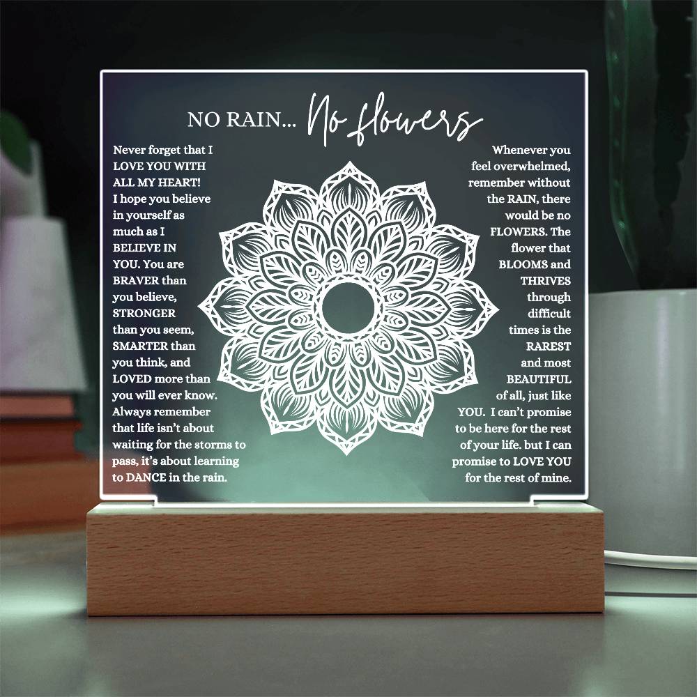 NO RAIN NO FLOWERS KEEPSAKE LED NIGHT LIGHT UP LAMP ACRYLIC PLAQUE