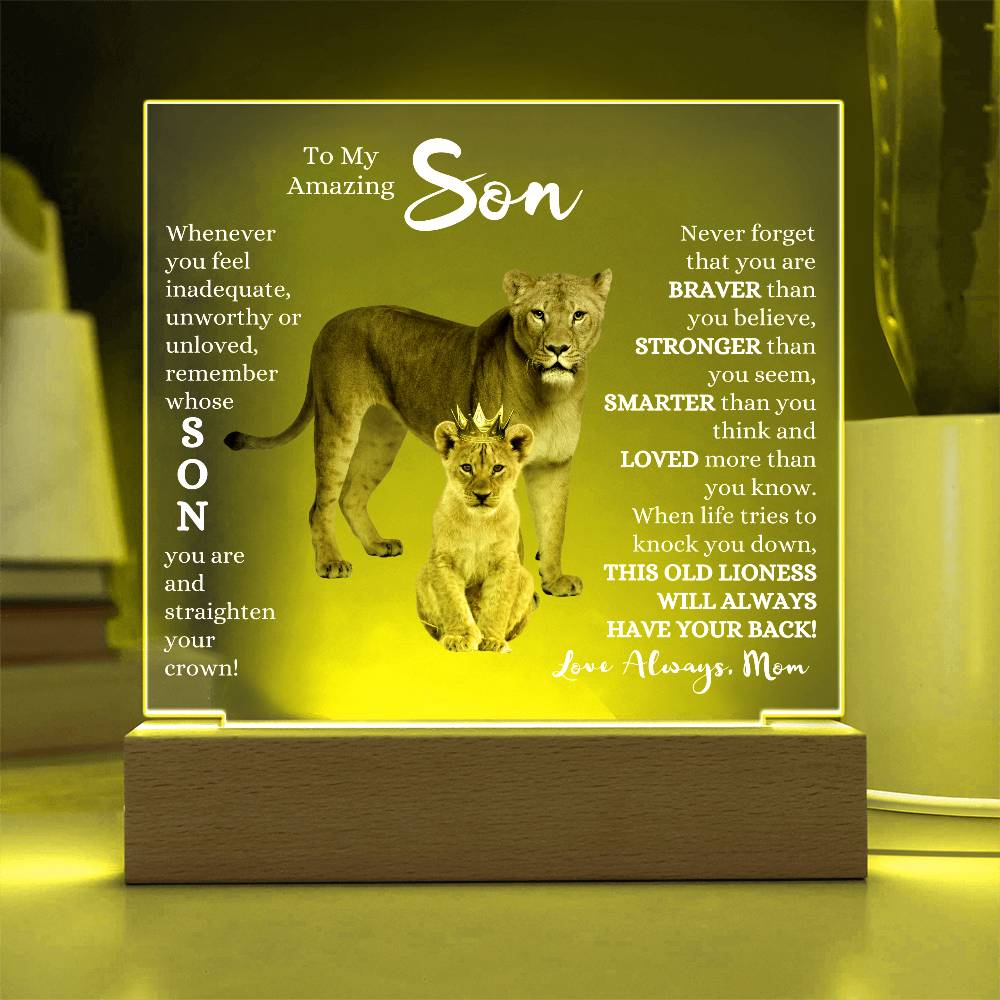 TO MY AMAZING SON KEEPSAKE LED NIGHT LIGHT UP LAMP ACRYLIC PLAQUE LIONESS