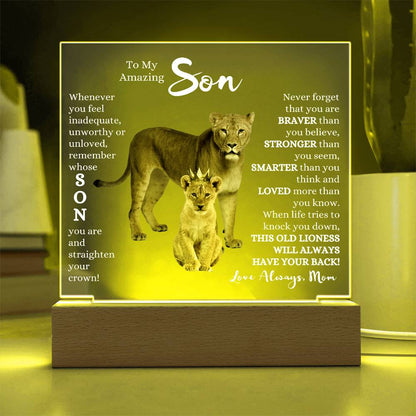 TO MY AMAZING SON KEEPSAKE LED NIGHT LIGHT UP LAMP ACRYLIC PLAQUE LIONESS