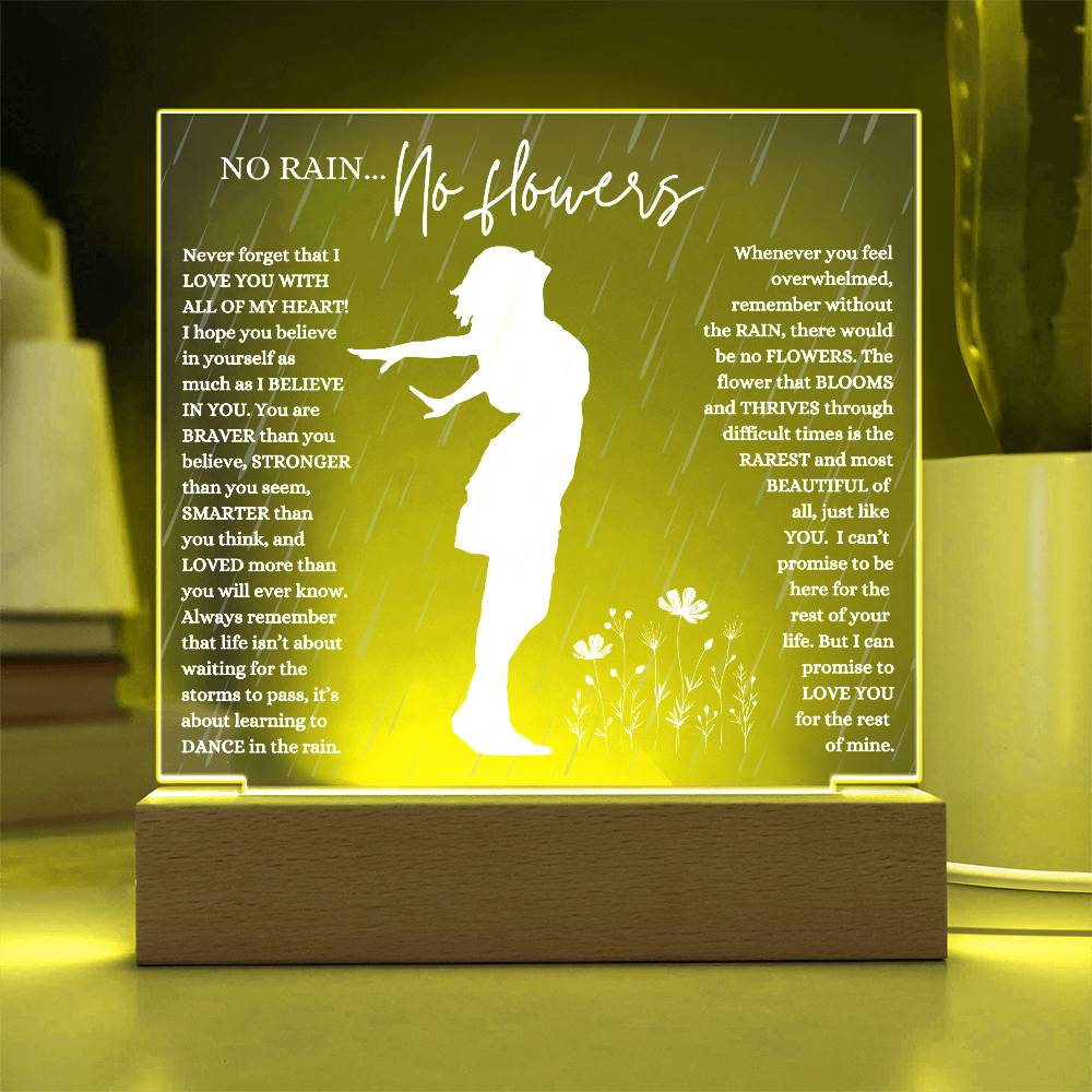 NO RAIN NO FLOWERS KEEPSAKE LED NIGHT  LIGHT UP LAMP ACRYLIC PLAQUE
