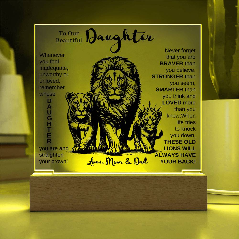 TO OUR DAUGHTER FROM MOM AND DAD LION LED KEEPSAKE NIGHT LIGHT UP LAMP ACRYLIC PLAQUE GIFT