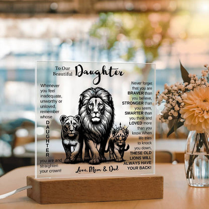 TO OUR DAUGHTER FROM MOM AND DAD LION LED KEEPSAKE NIGHT LIGHT UP LAMP ACRYLIC PLAQUE GIFT