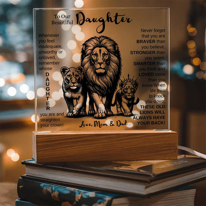 TO OUR DAUGHTER FROM MOM AND DAD LION LED KEEPSAKE NIGHT LIGHT UP LAMP ACRYLIC PLAQUE GIFT