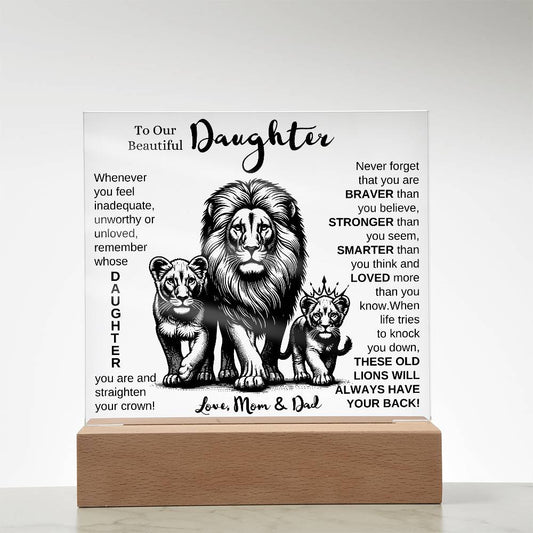 TO OUR DAUGHTER FROM MOM AND DAD LION LED KEEPSAKE NIGHT LIGHT UP LAMP ACRYLIC PLAQUE GIFT