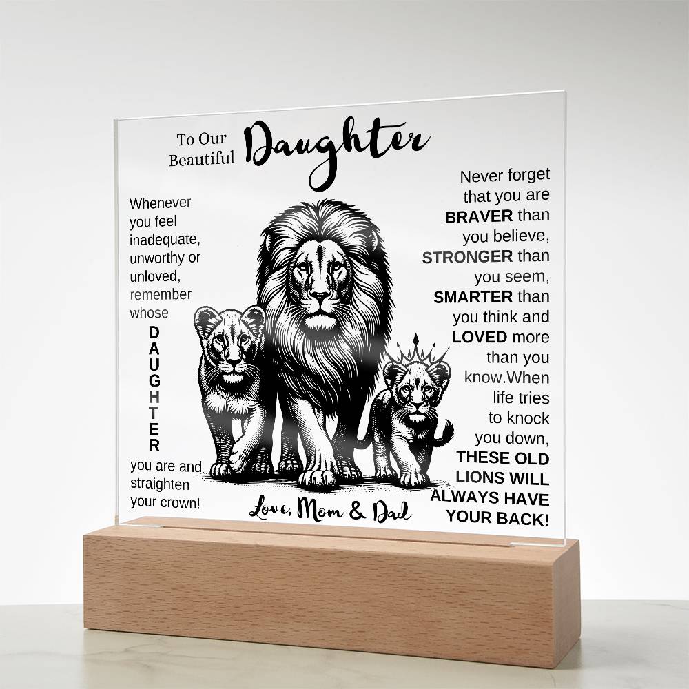 TO OUR DAUGHTER FROM MOM AND DAD LION LED KEEPSAKE NIGHT LIGHT UP LAMP ACRYLIC PLAQUE GIFT