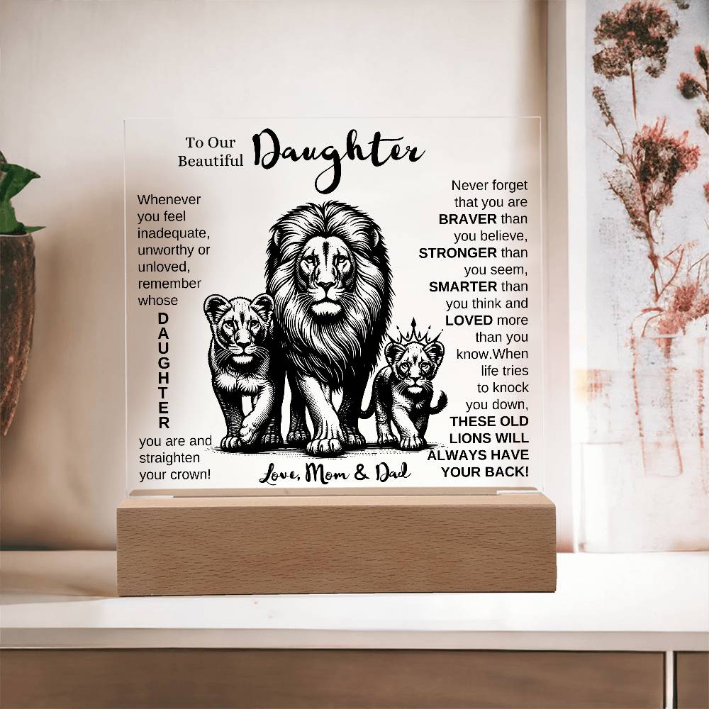 TO OUR DAUGHTER FROM MOM AND DAD LION LED KEEPSAKE NIGHT LIGHT UP LAMP ACRYLIC PLAQUE GIFT
