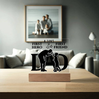 DAD KEEPSAKE LED NIGHT LIGHT UP LAMP ACRYLIC PLAQUE A SON'S FIRST HERO FIRST FRIEND