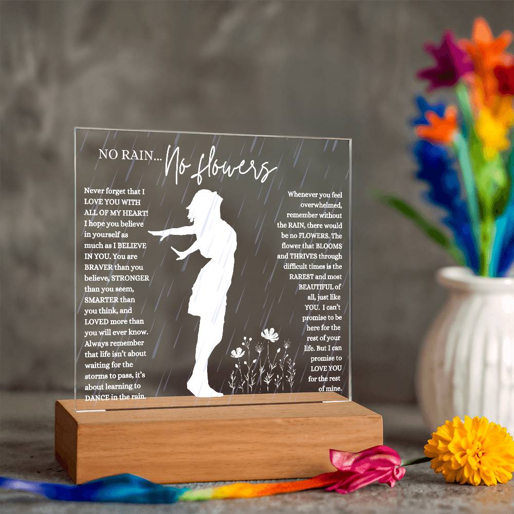 NO RAIN NO FLOWERS KEEPSAKE LED NIGHT  LIGHT UP LAMP ACRYLIC PLAQUE