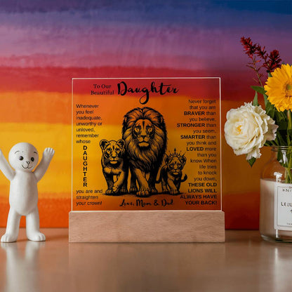 TO OUR DAUGHTER FROM MOM AND DAD LION LED KEEPSAKE NIGHT LIGHT UP LAMP ACRYLIC PLAQUE GIFT