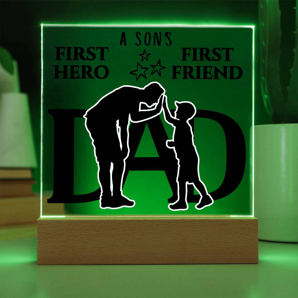 DAD KEEPSAKE LED NIGHT LIGHT UP LAMP ACRYLIC PLAQUE A SON'S FIRST HERO FIRST FRIEND