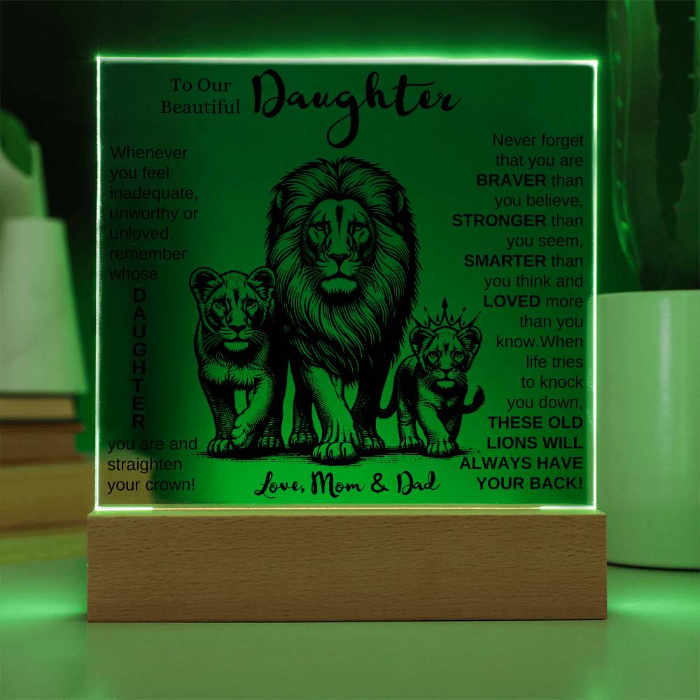 TO OUR DAUGHTER FROM MOM AND DAD LION LED KEEPSAKE NIGHT LIGHT UP LAMP ACRYLIC PLAQUE GIFT
