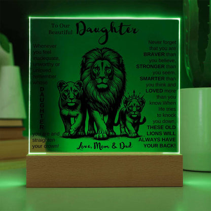TO OUR DAUGHTER FROM MOM AND DAD LION LED KEEPSAKE NIGHT LIGHT UP LAMP ACRYLIC PLAQUE GIFT