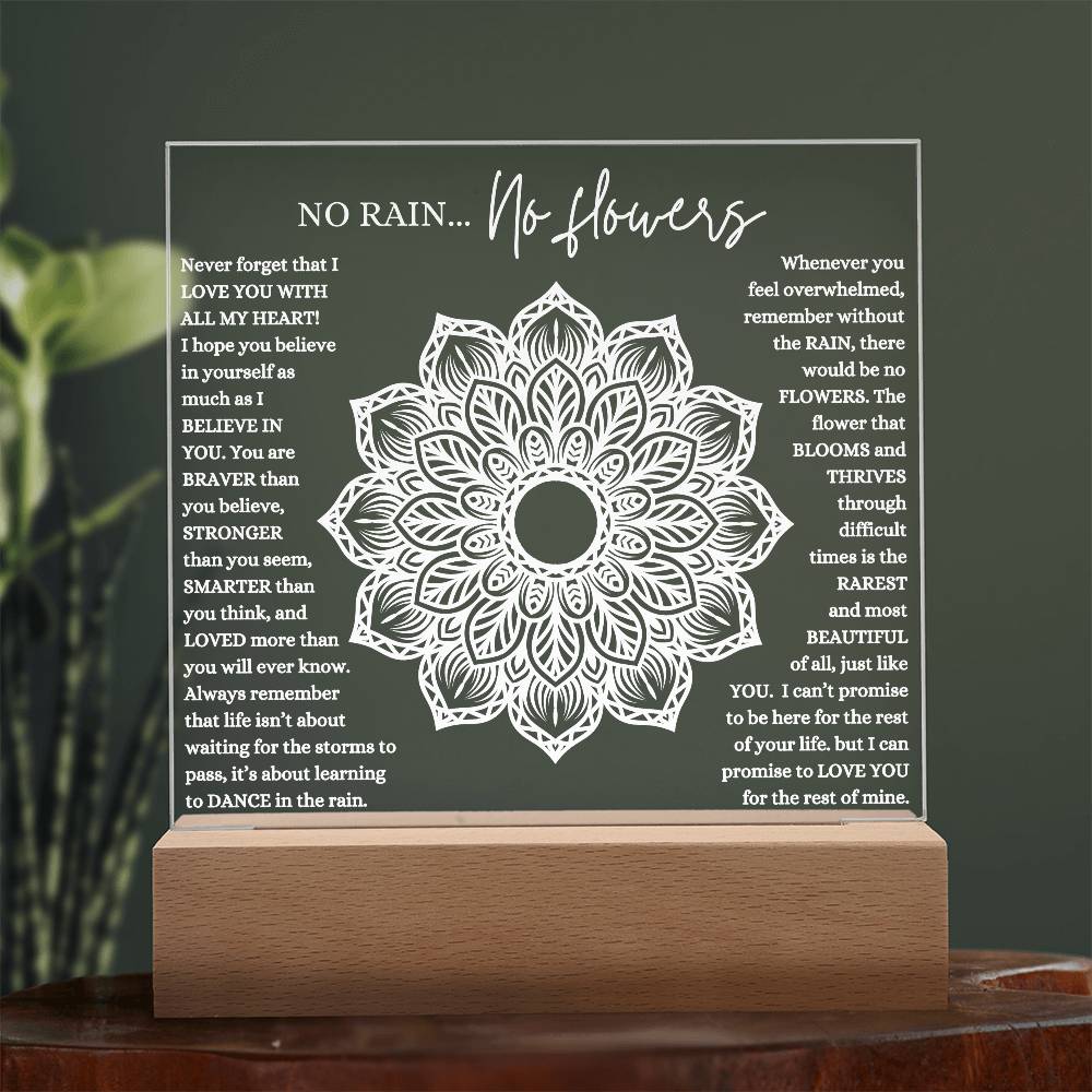 NO RAIN NO FLOWERS KEEPSAKE LED NIGHT LIGHT UP LAMP ACRYLIC PLAQUE