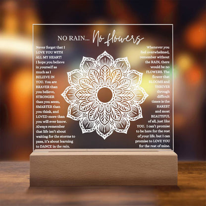 NO RAIN NO FLOWERS KEEPSAKE LED NIGHT LIGHT UP LAMP ACRYLIC PLAQUE