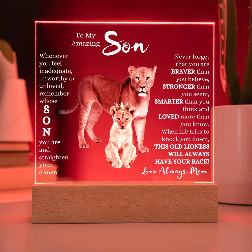 TO MY AMAZING SON KEEPSAKE LED NIGHT LIGHT UP LAMP ACRYLIC PLAQUE LIONESS
