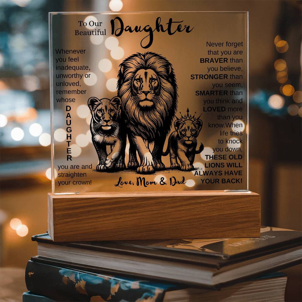 TO OUR DAUGHTER FROM MOM AND DAD LION LED KEEPSAKE NIGHT LIGHT UP LAMP ACRYLIC PLAQUE GIFT